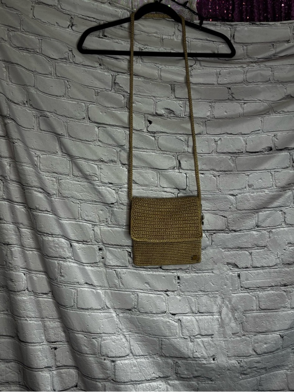The Sak Small Woven Flap Minimalist Square Crossbody Bag Beige Tan Metallic Gold